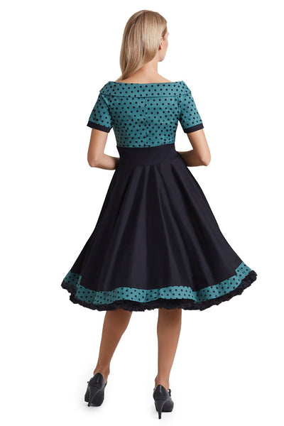 Woman's Black & Green Polka Dot Off Shoulder Swing Dress