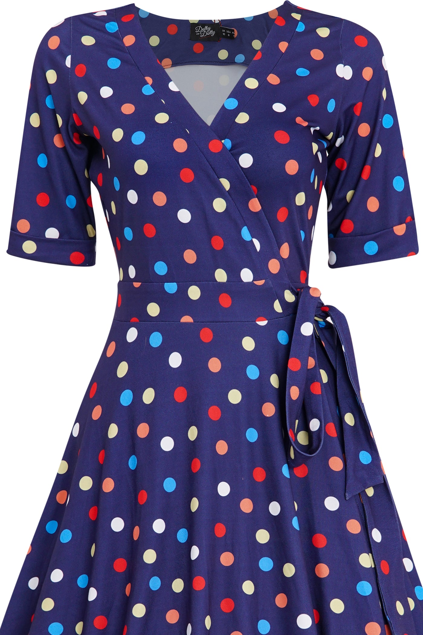 Woman's Colourful Polka Dot Knit Wrap Dress in Dark Blue