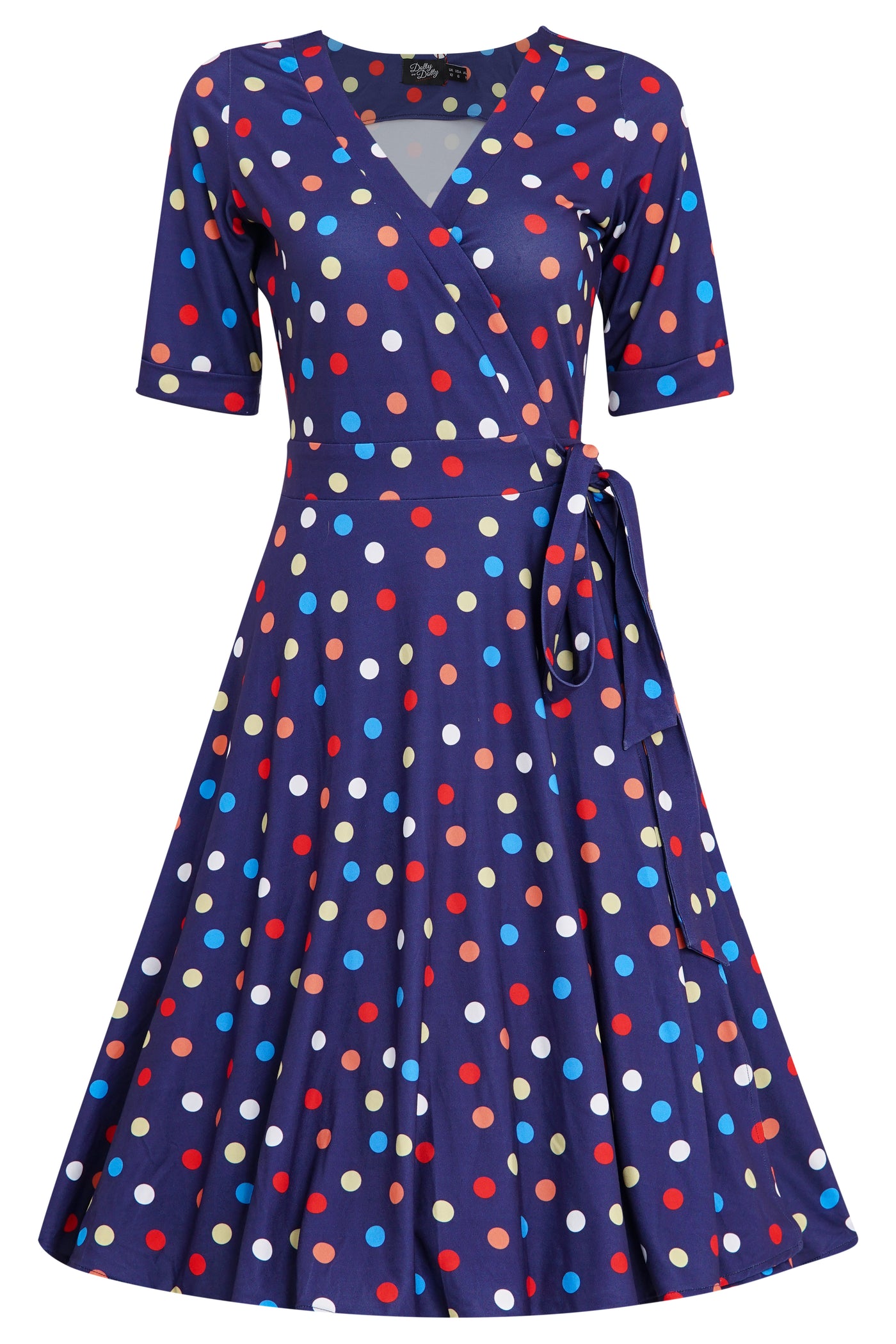 Woman's Colourful Polka Dot Knit Wrap Dress in Dark Blue