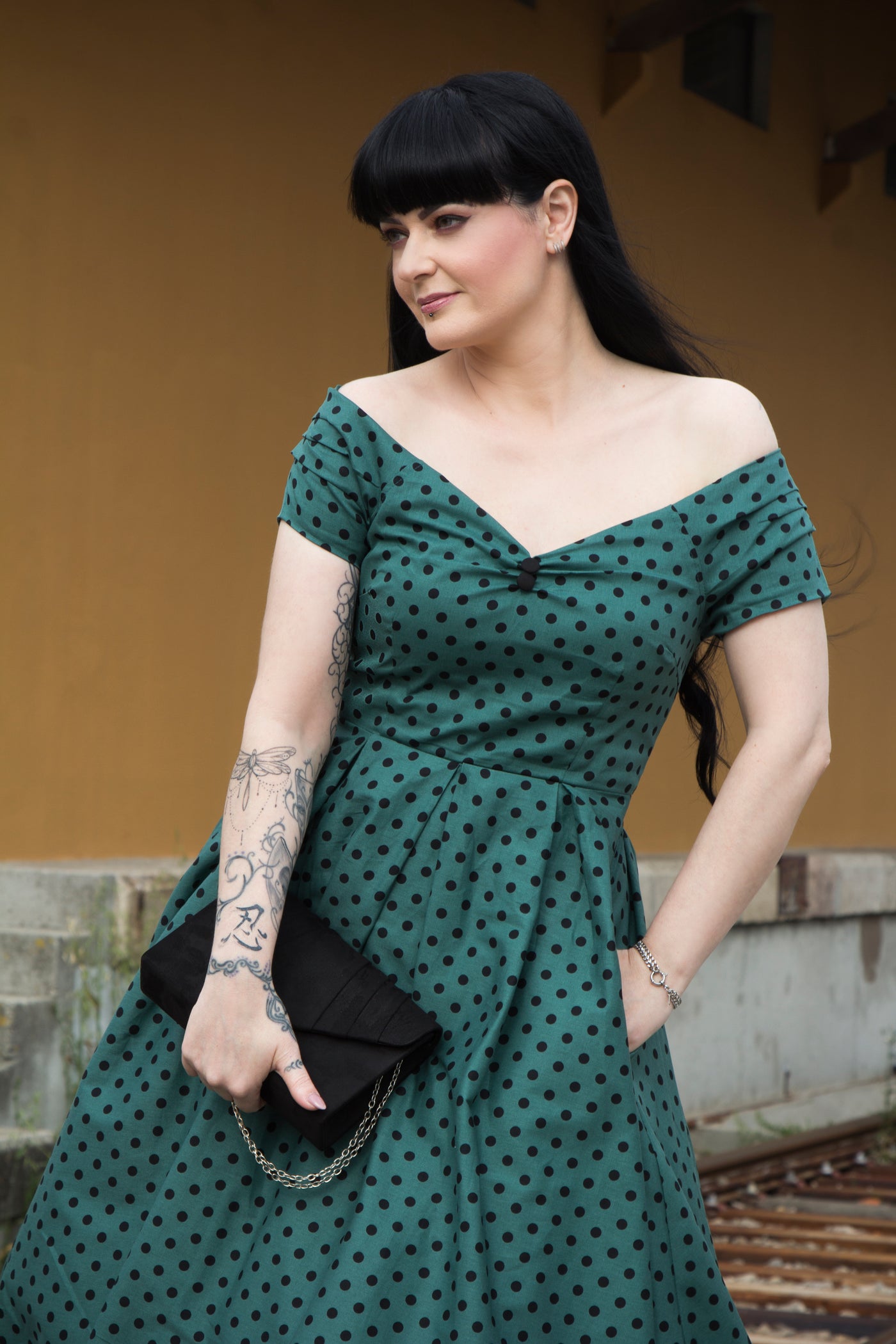 Woman's Dark Green & Black Polka Dot Full Circle Dress