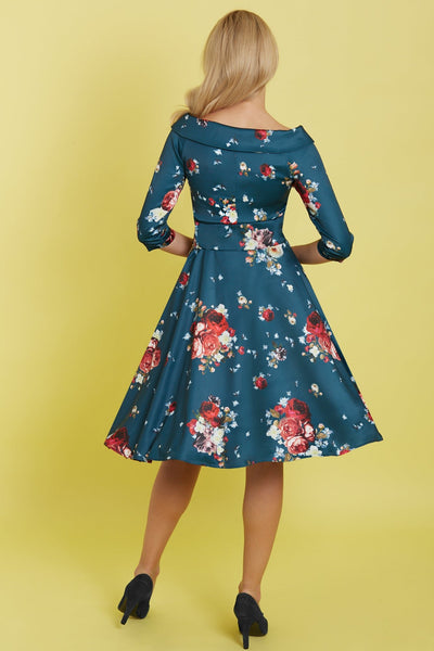 Woman's Flattering Long Sleeved Swing Dress in Blue and Pink Roses