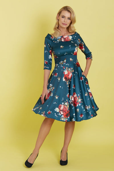 Woman's Flattering Long Sleeved Swing Dress in Blue and Pink Roses