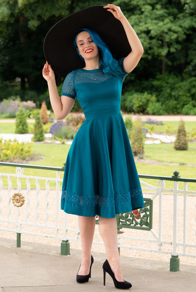 Women's Lace Sleeved Dress in Peacock Blue