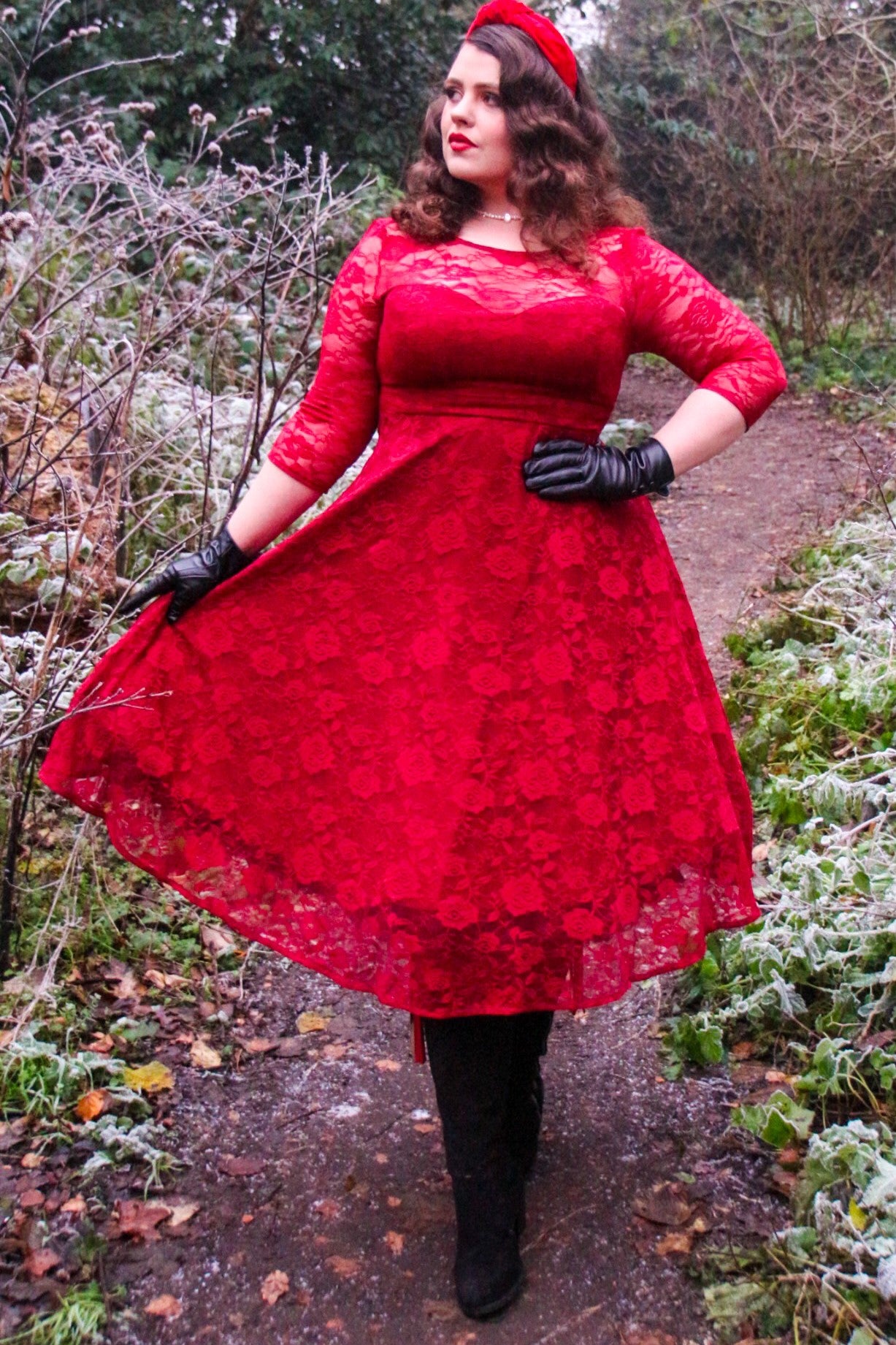 Woman's Long Sleeved Burgundy Lace Dress