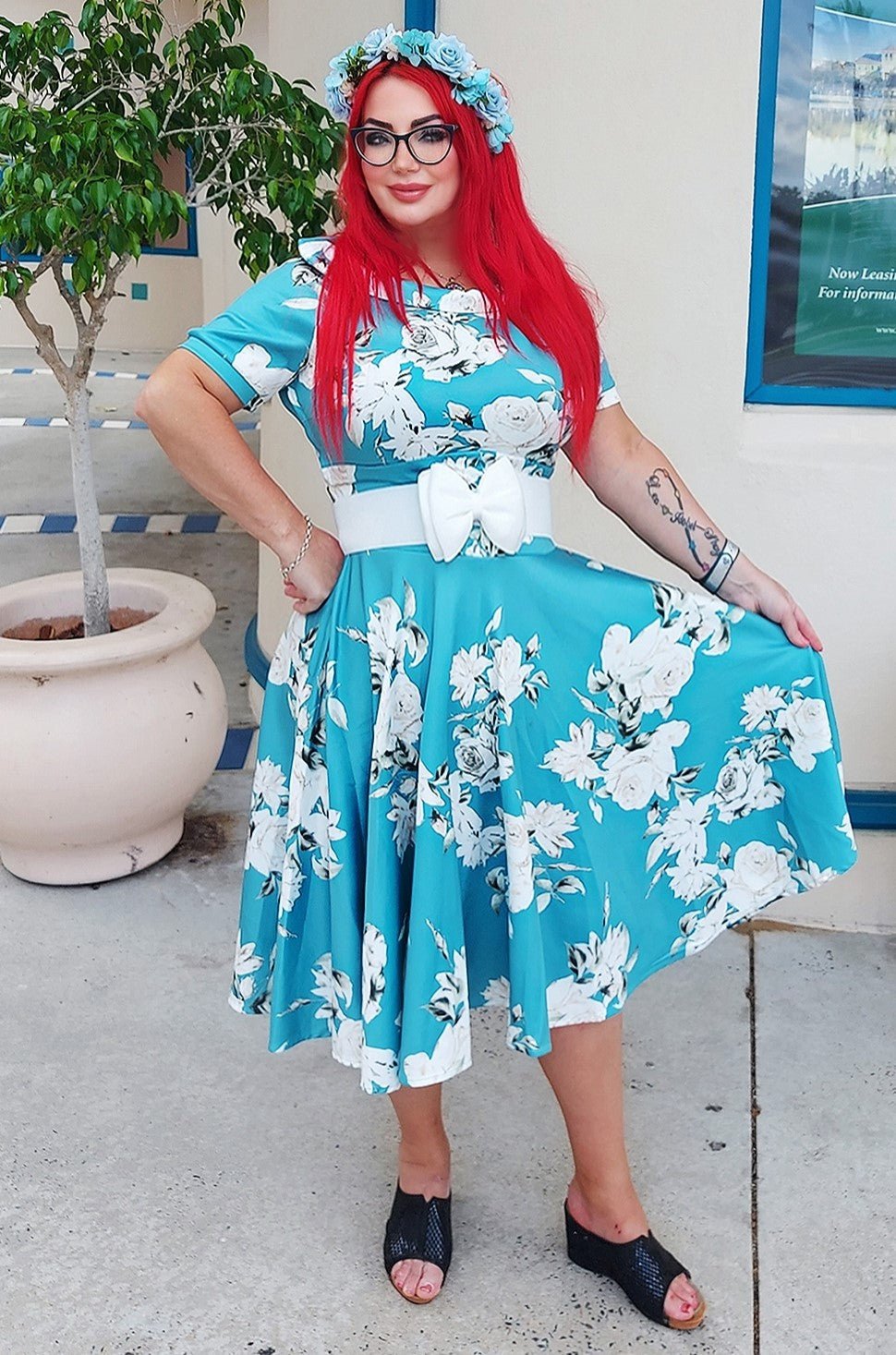 Woman's Mint Floral Flared Dress