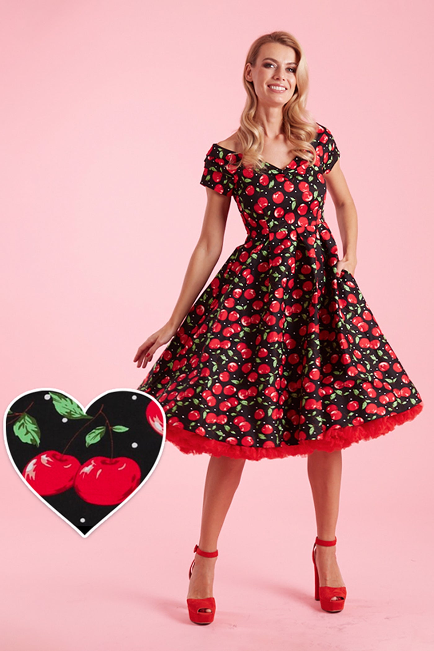 Lily Off Shoulder Cherry Swing Dress - Dolly and Dotty