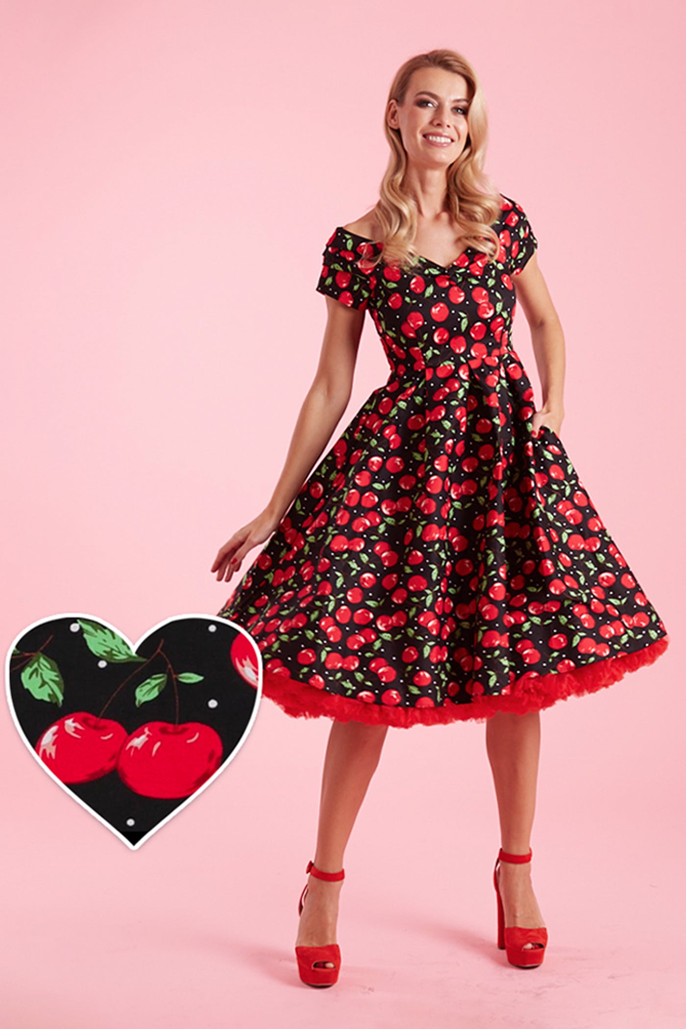 Woman's Off Shoulder Cherry Swing Dress