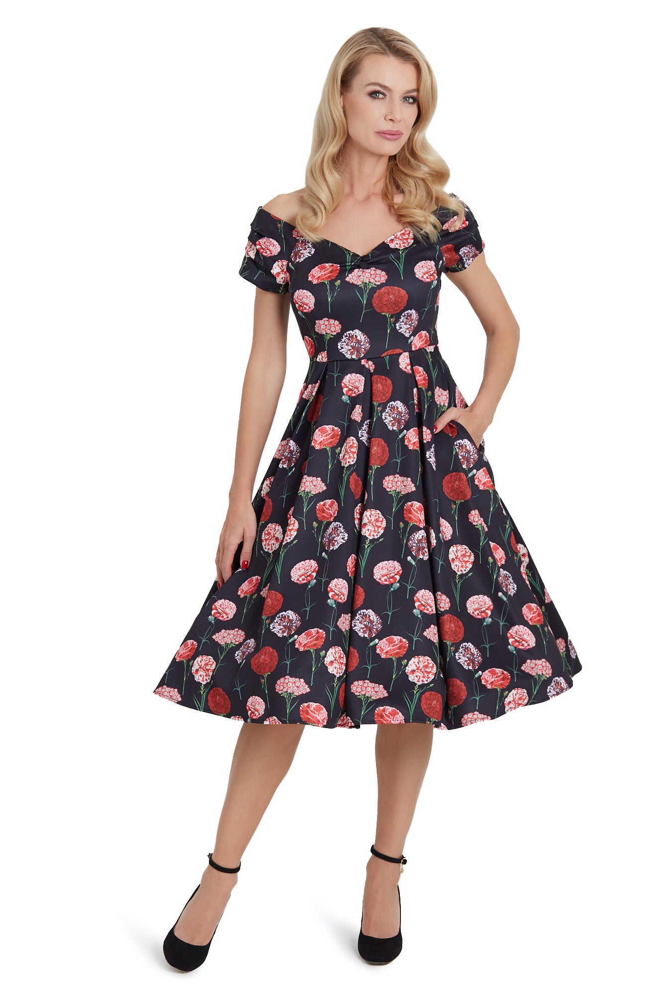 Woman's Off Shoulder Peony Swing Dress in Black