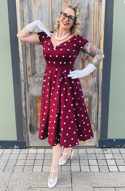 Lily Off Shoulder Polka Dot Evening Dress in Burgundy/White