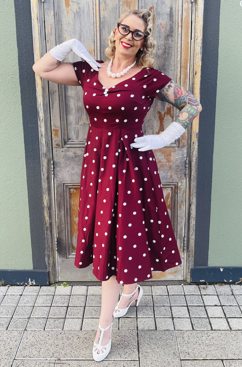 Lily Off Shoulder Polka Dot Evening Dress in Burgundy/White