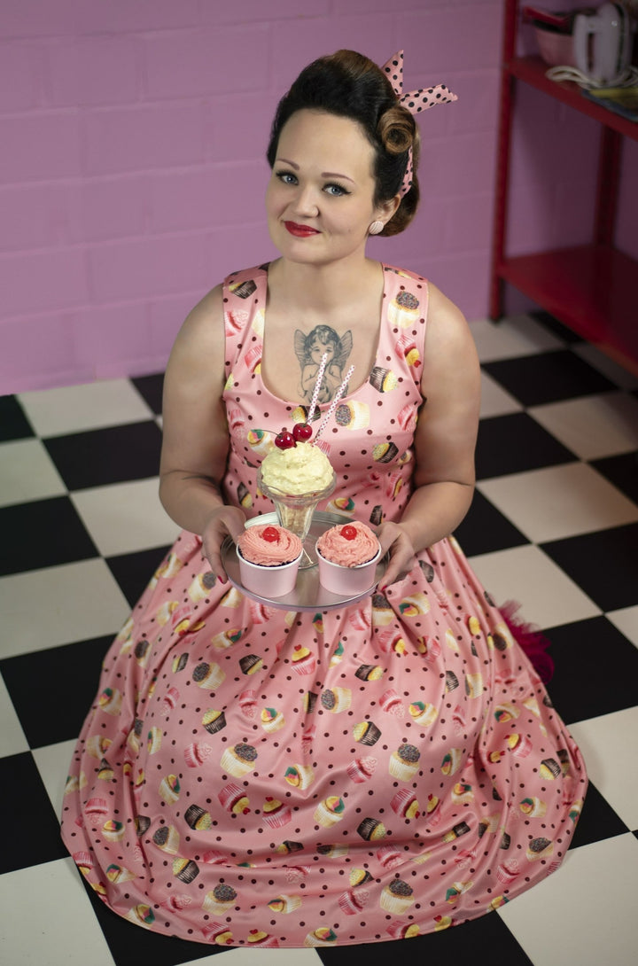 knee length dresses for ladies Pink Amanda Cupcake Print Swing Dress by Dolly and Dotty