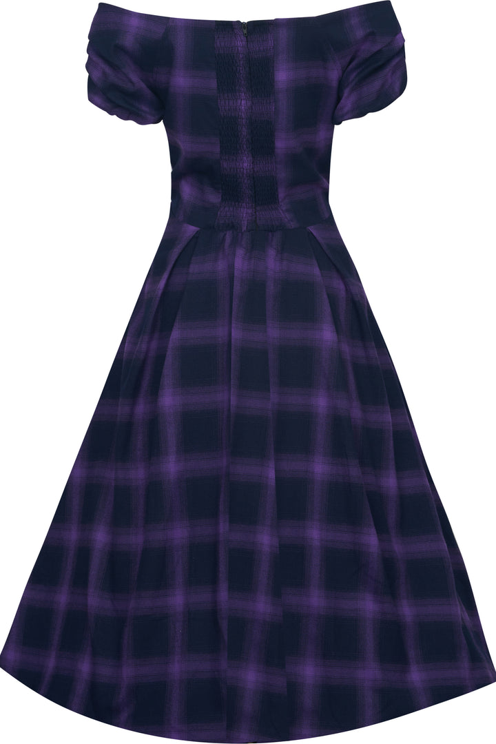 tartan dresses for ladies uk Lily Purple Tartan Check Off-Shoulder Swing Dress