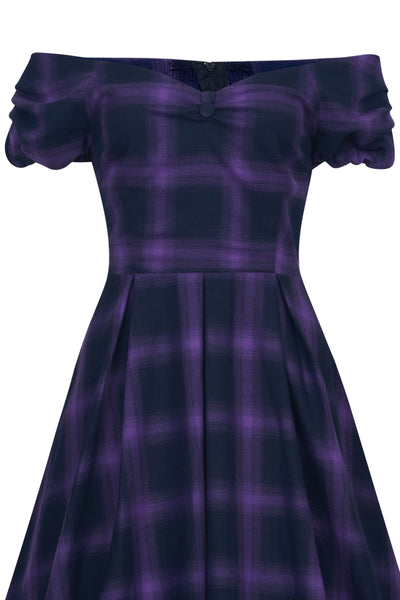 Purple Tartan Check Off Shoulder Swing Dress