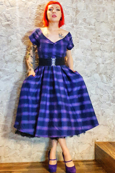 Purple Tartan Check Off Shoulder Swing Dress
