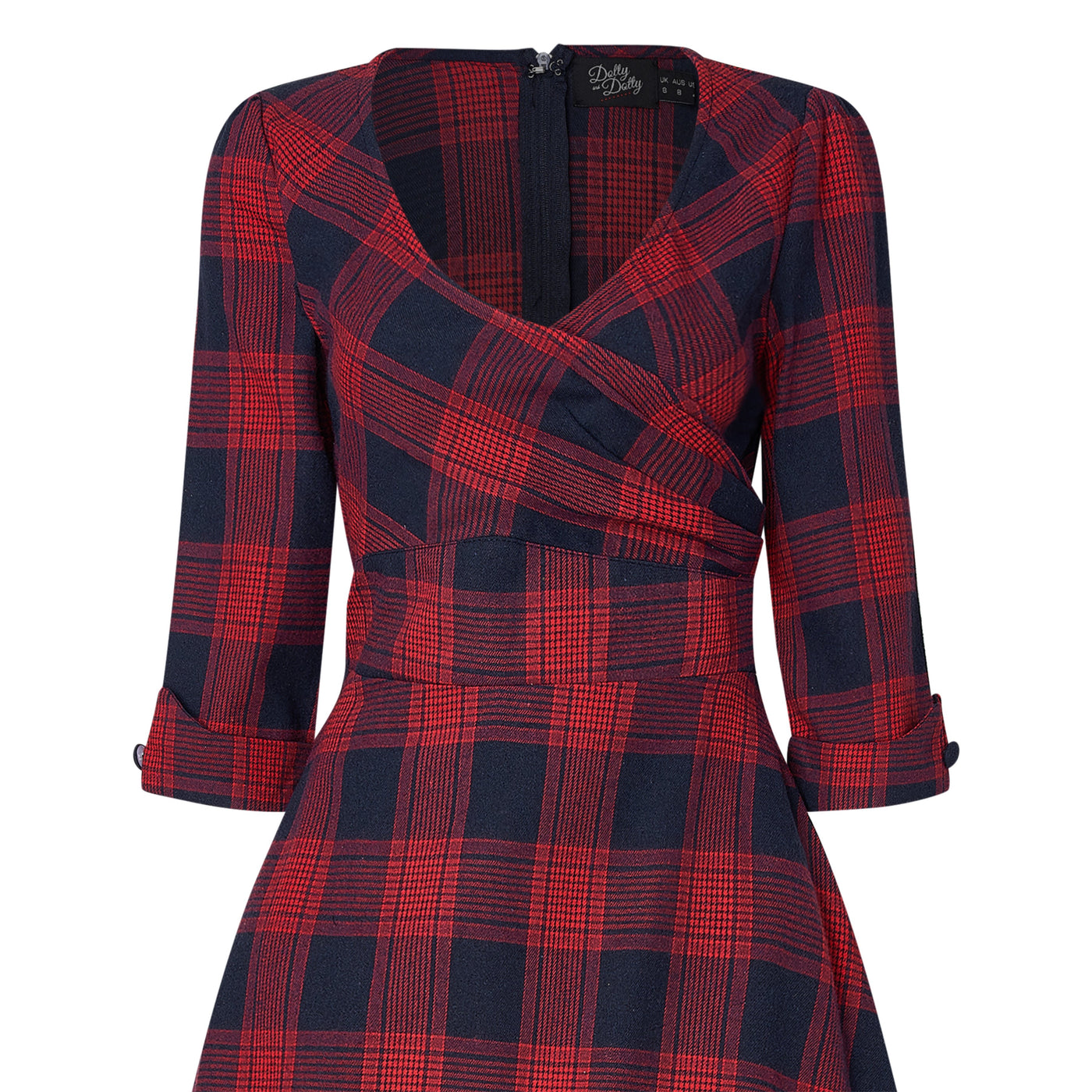 Red blue tartan sleeved dress close up