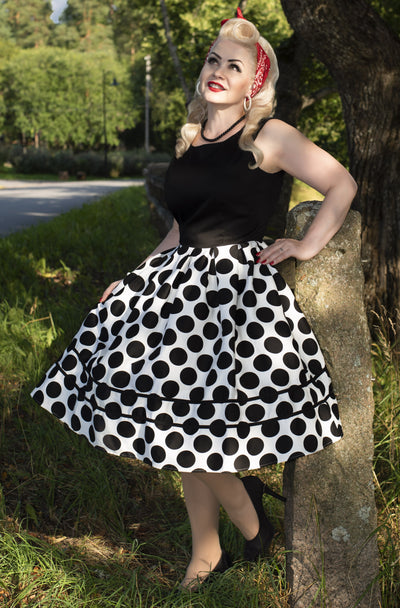 Influencer wearing black and white large spots print swing dress