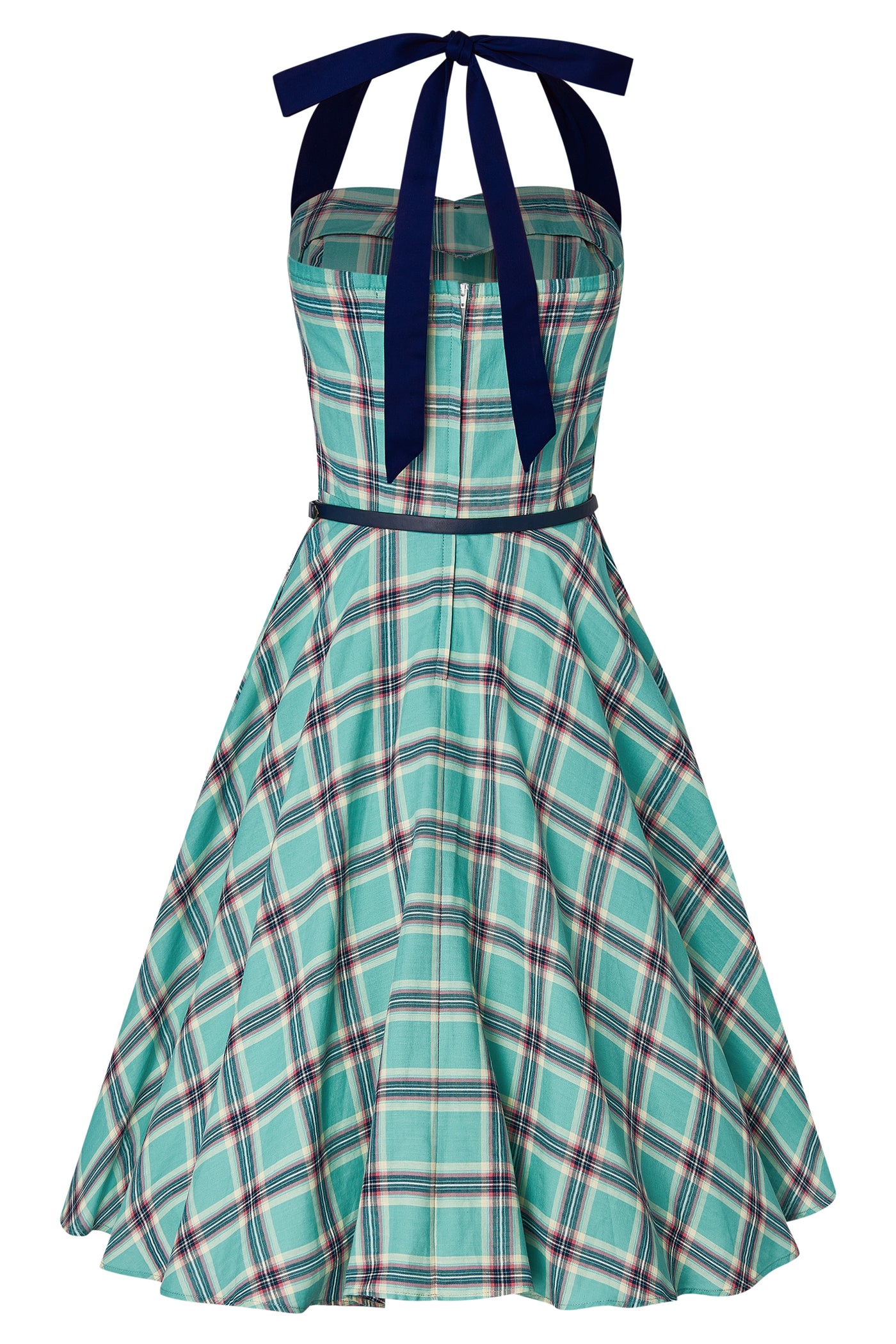 Woman's Rockabilly 1950's Check Halterneck Dress in Turquoise