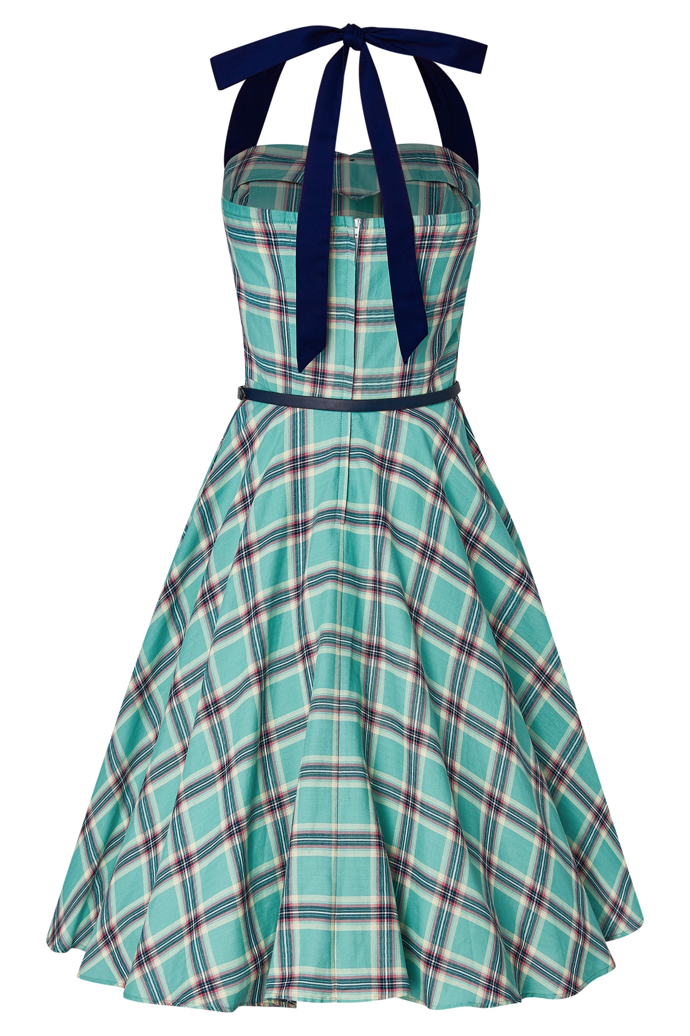 Retro Pinup Halterneck Swing Dress In Blue Checkered Retro Pinup Halterneck Swing Dress In Blue Checkered