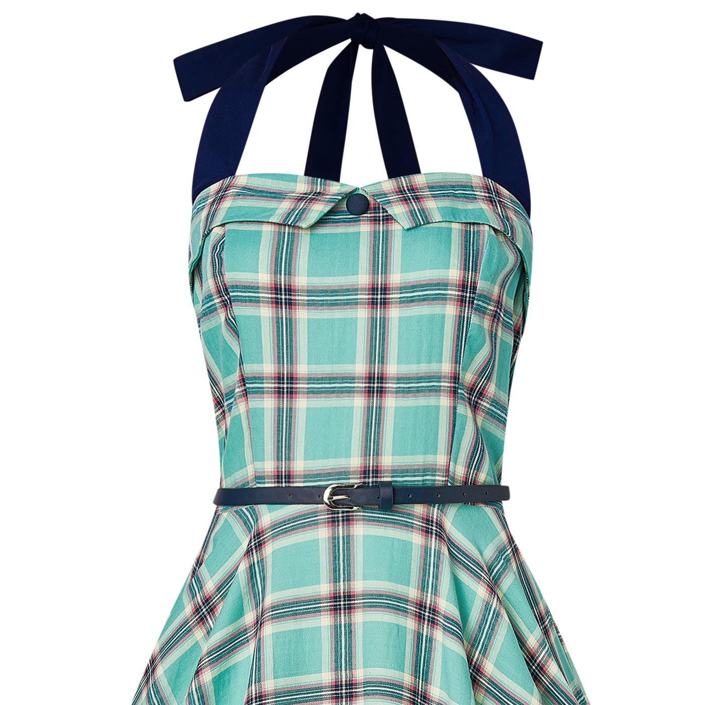 Woman's Rockabilly 1950's Check Halterneck Dress in Turquoise