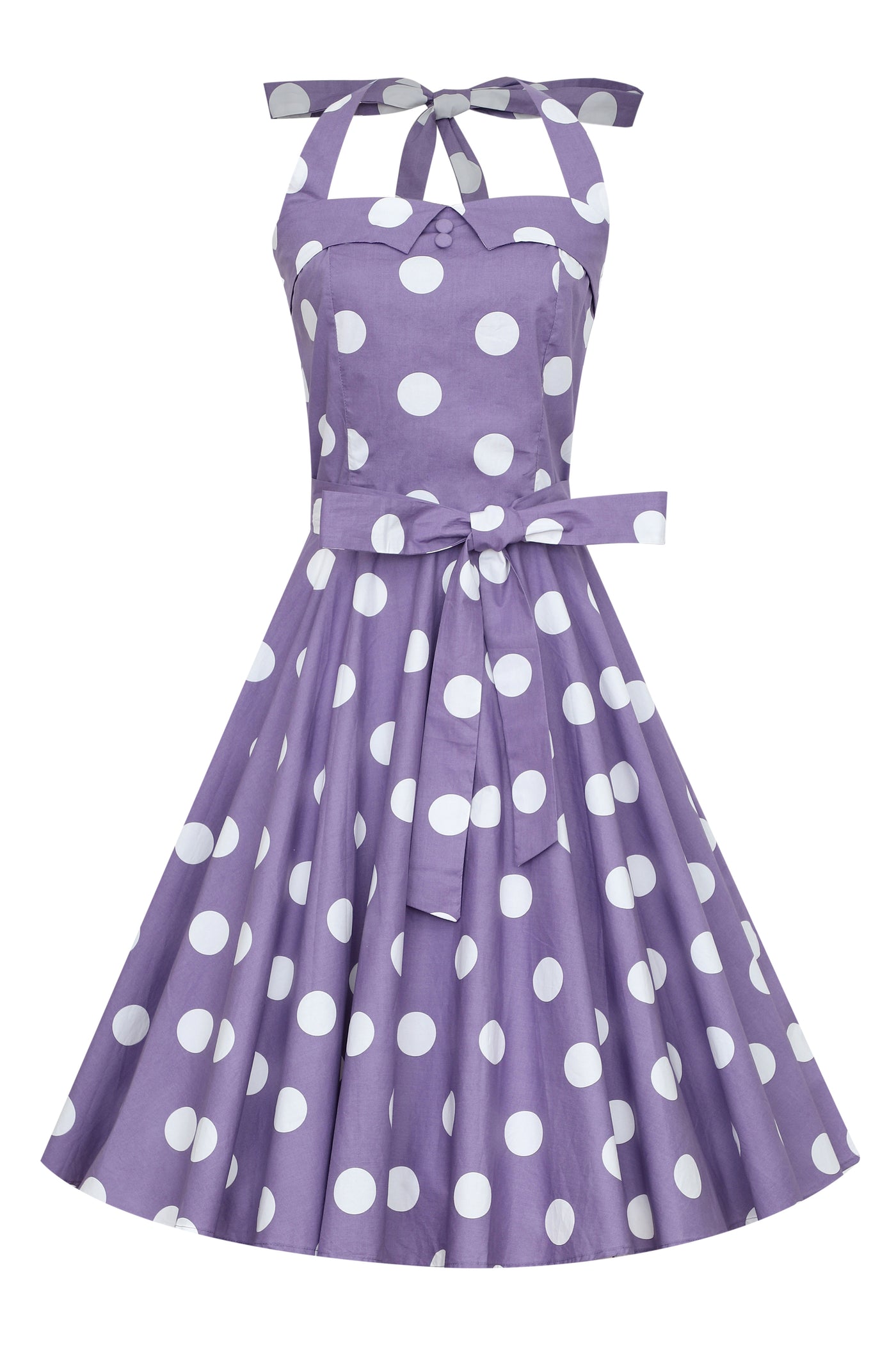 Woman's Rockabilly 1950's Halterneck Dress in Purple Polka Dots