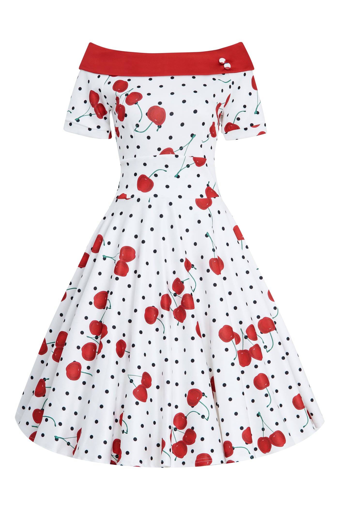 Woman's Rockabilly Cherry & Polka Dot Swing Dress in White