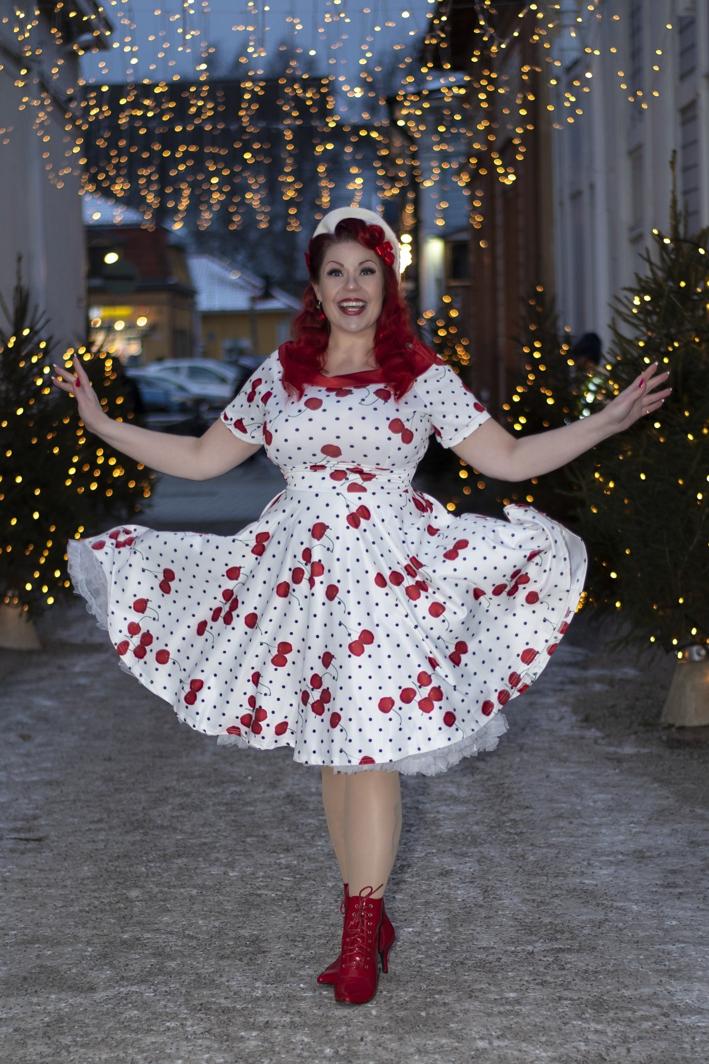 Rockabilly Darlene Cherry & Polka Dot Swing Dress in White