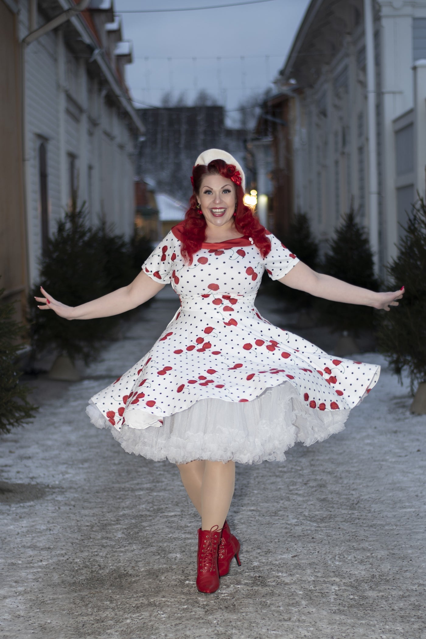 Rockabilly Darlene Cherry & Polka Dot Swing Dress in White