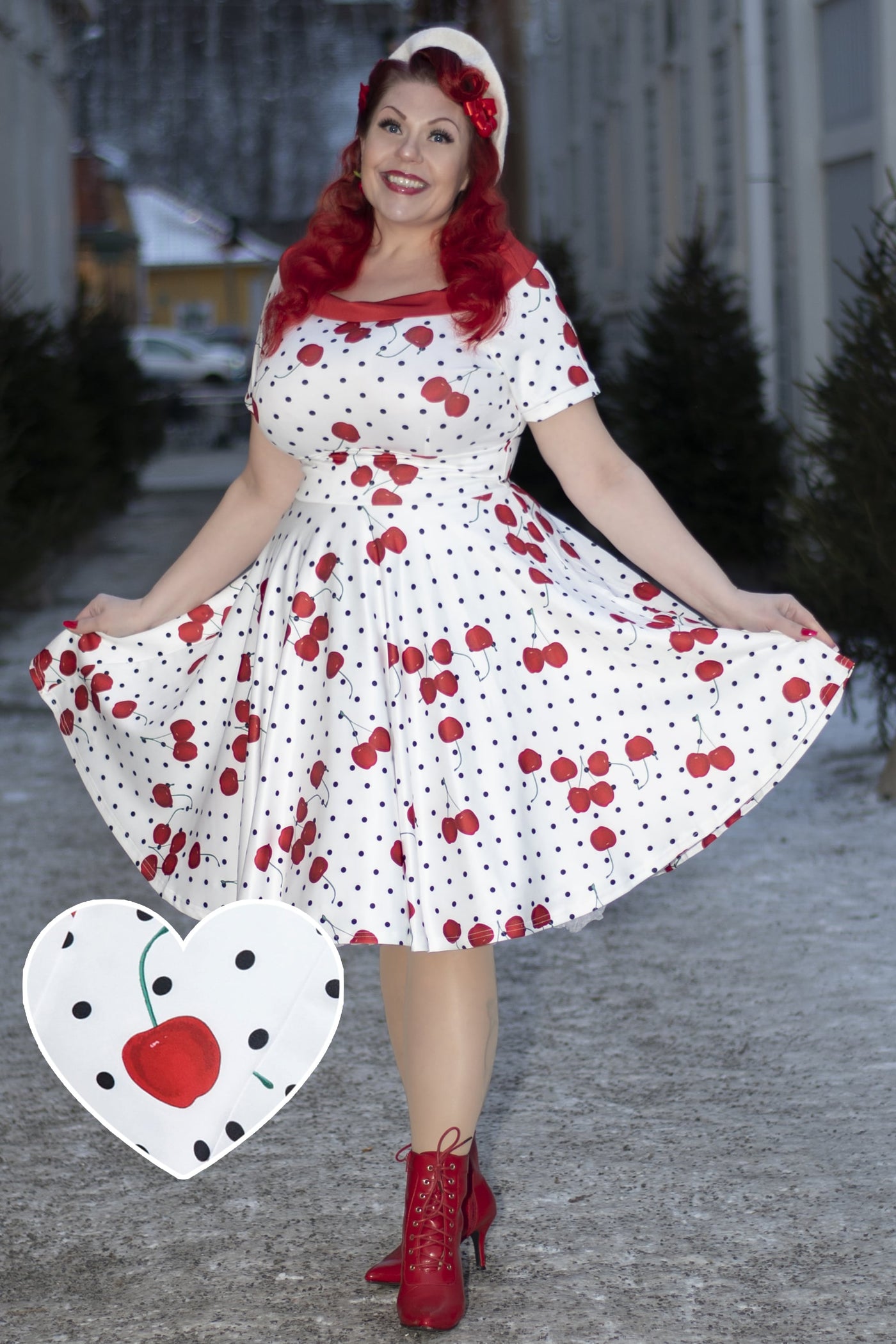 Cherry & Polka Dot Swing Dress in White