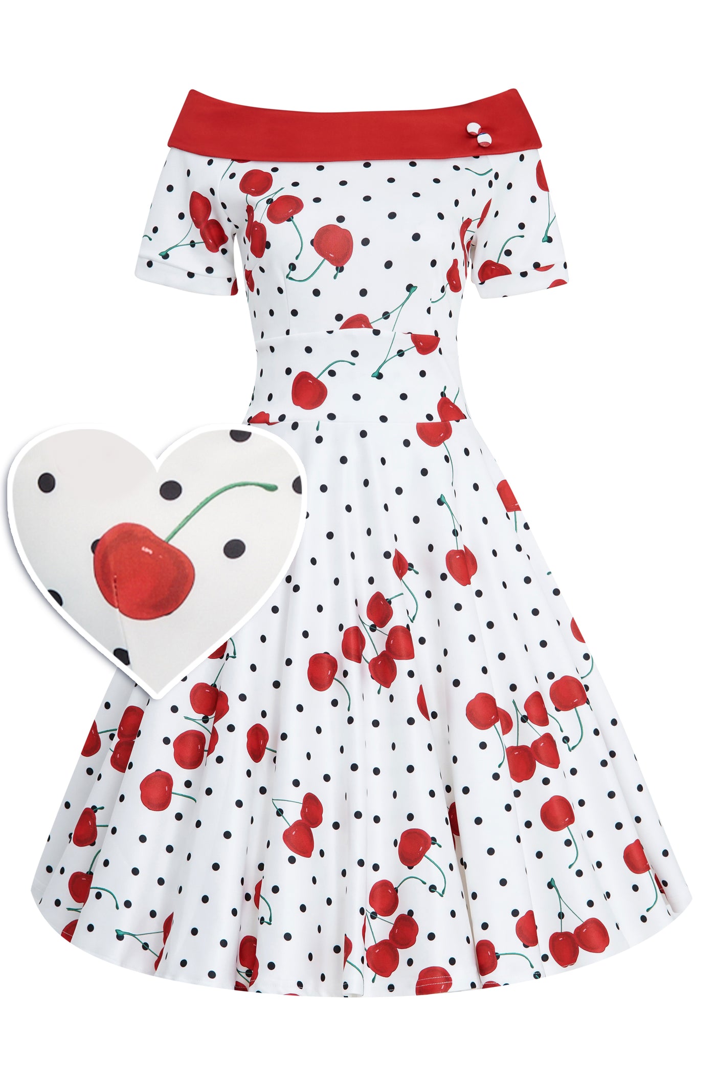 Rockabilly Darlene Cherry & Polka Dot Swing Dress in White