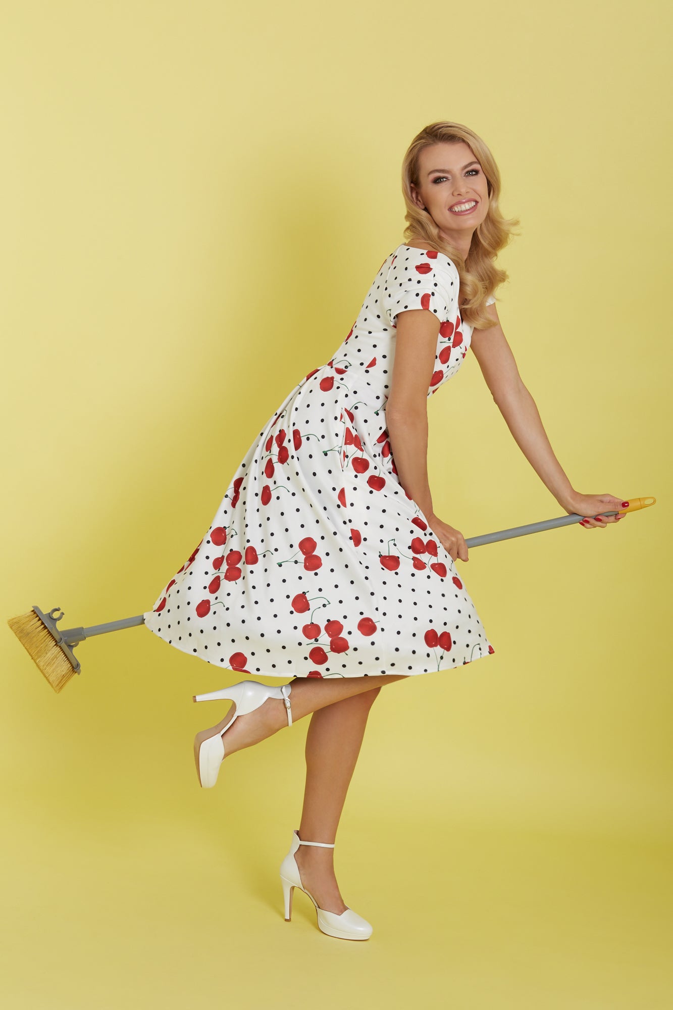 Woman's Rockabilly Polka & Cherry White Swing Dress