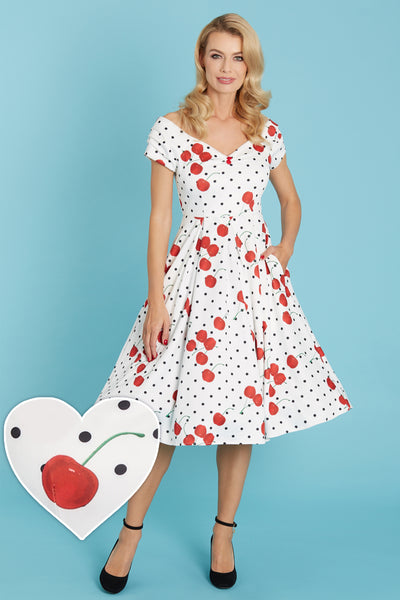 Woman's Rockabilly Polka & Cherry White Swing Dress
