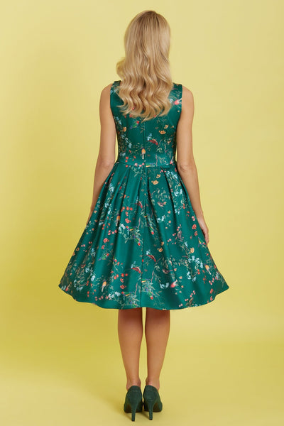 Woman's Vintage Inspired Forest Green Bird Print Dress