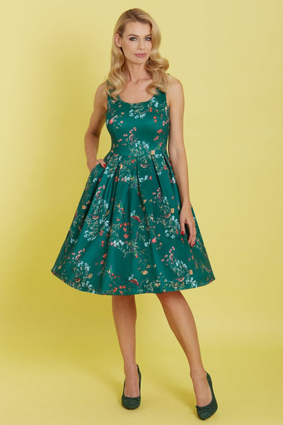 Woman's Vintage Inspired Forest Green Bird Print Dress