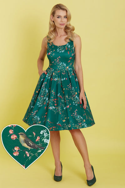 Woman's Vintage Inspired Forest Green Bird Print Dress