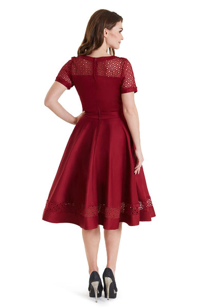 Woman's Lace Sleeved Dress in Burgundy back view