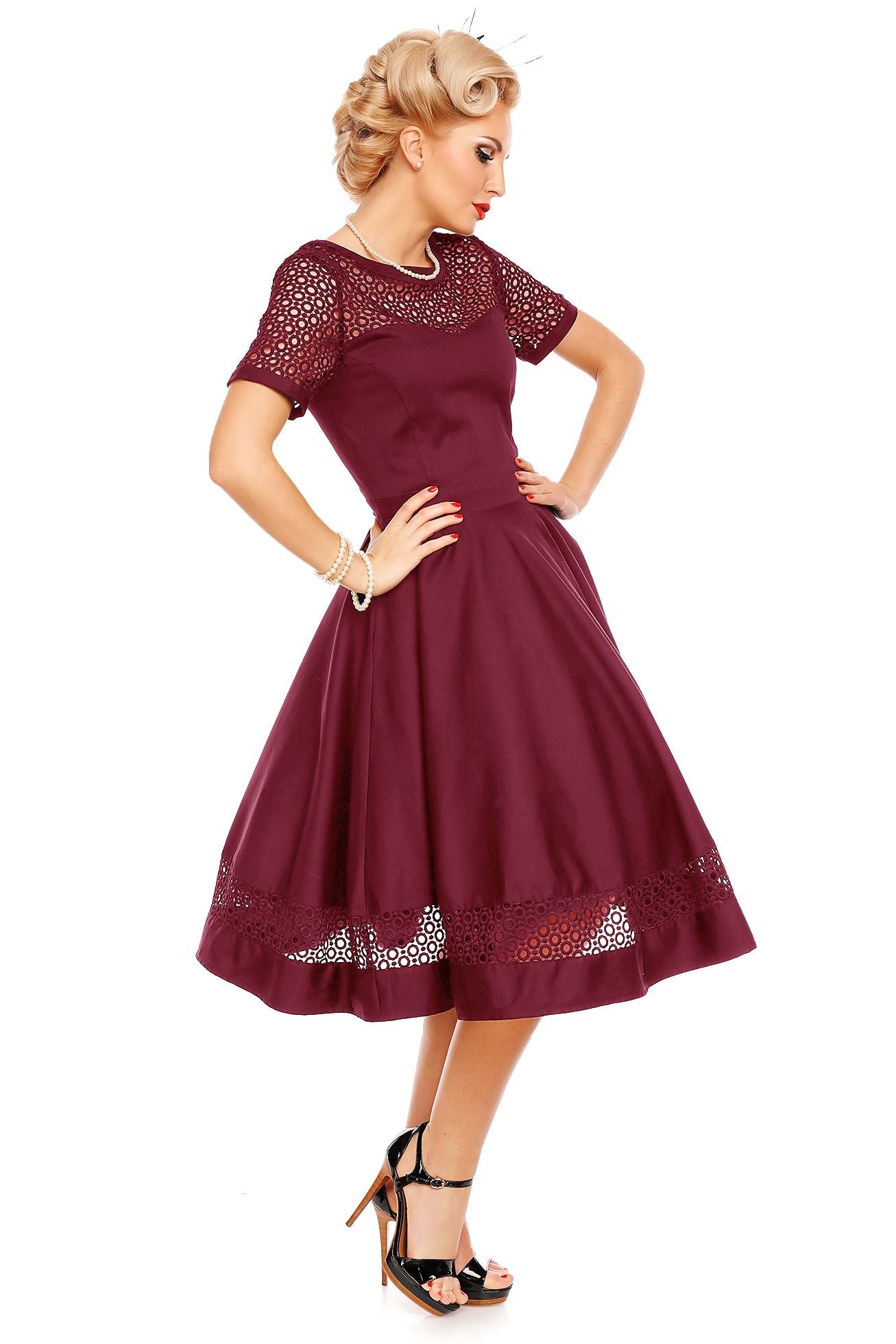 Woman's Lace Sleeved Dress in Burgundy side view