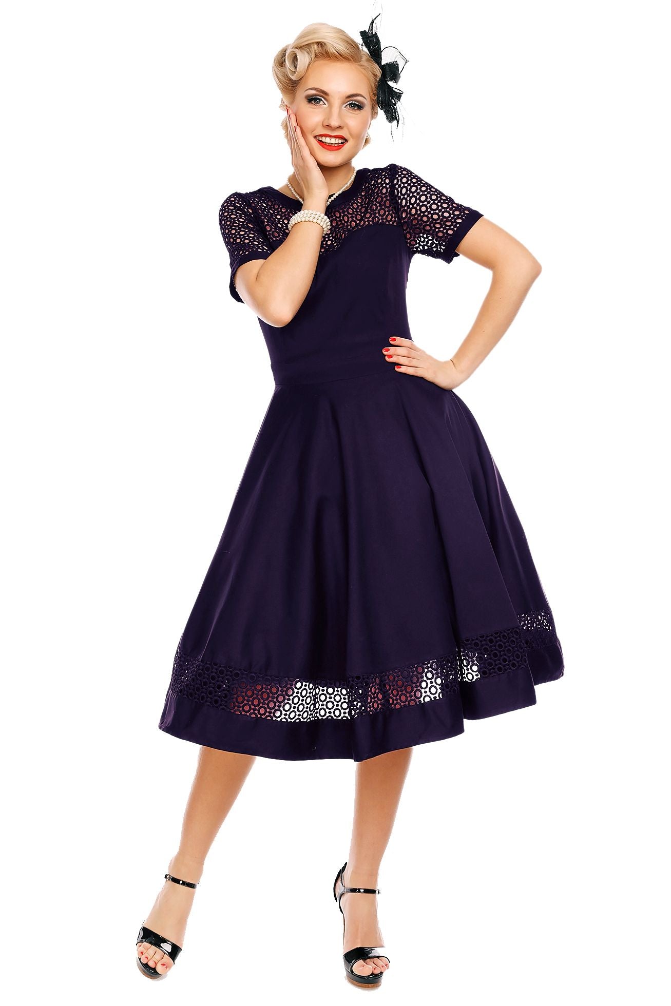 Woman's Lace Sleeved Dress in Navy Blue