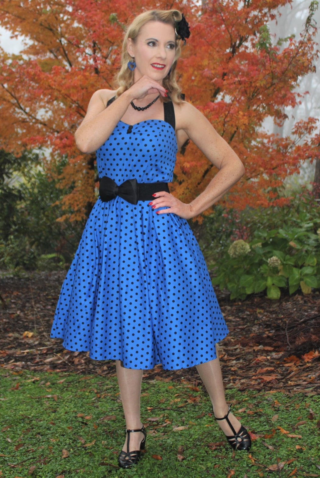 Woman's Halter Neck Royal Blue Spot Dress3