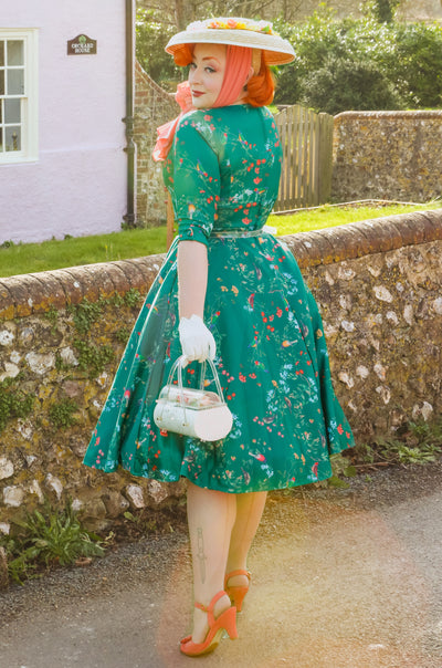Scarlette Long Sleeved Green Midi Dress in Bird Print