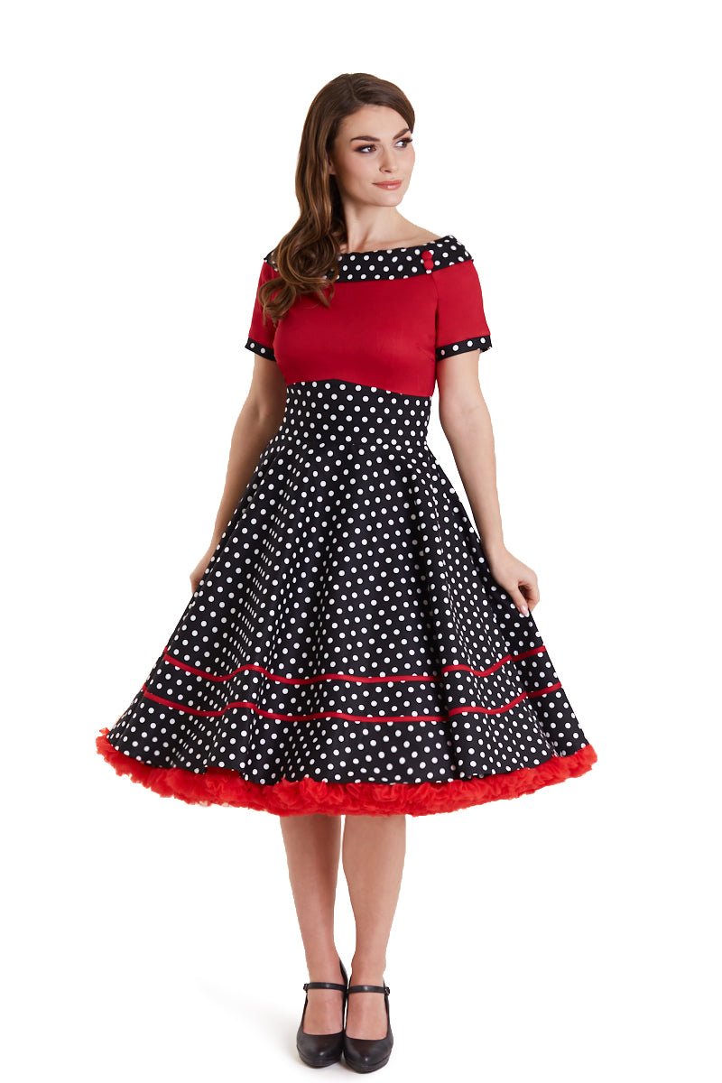 fitted lace wedding dress Darlene Rockabilly Dress in Red/Black/White Polka Dot Print