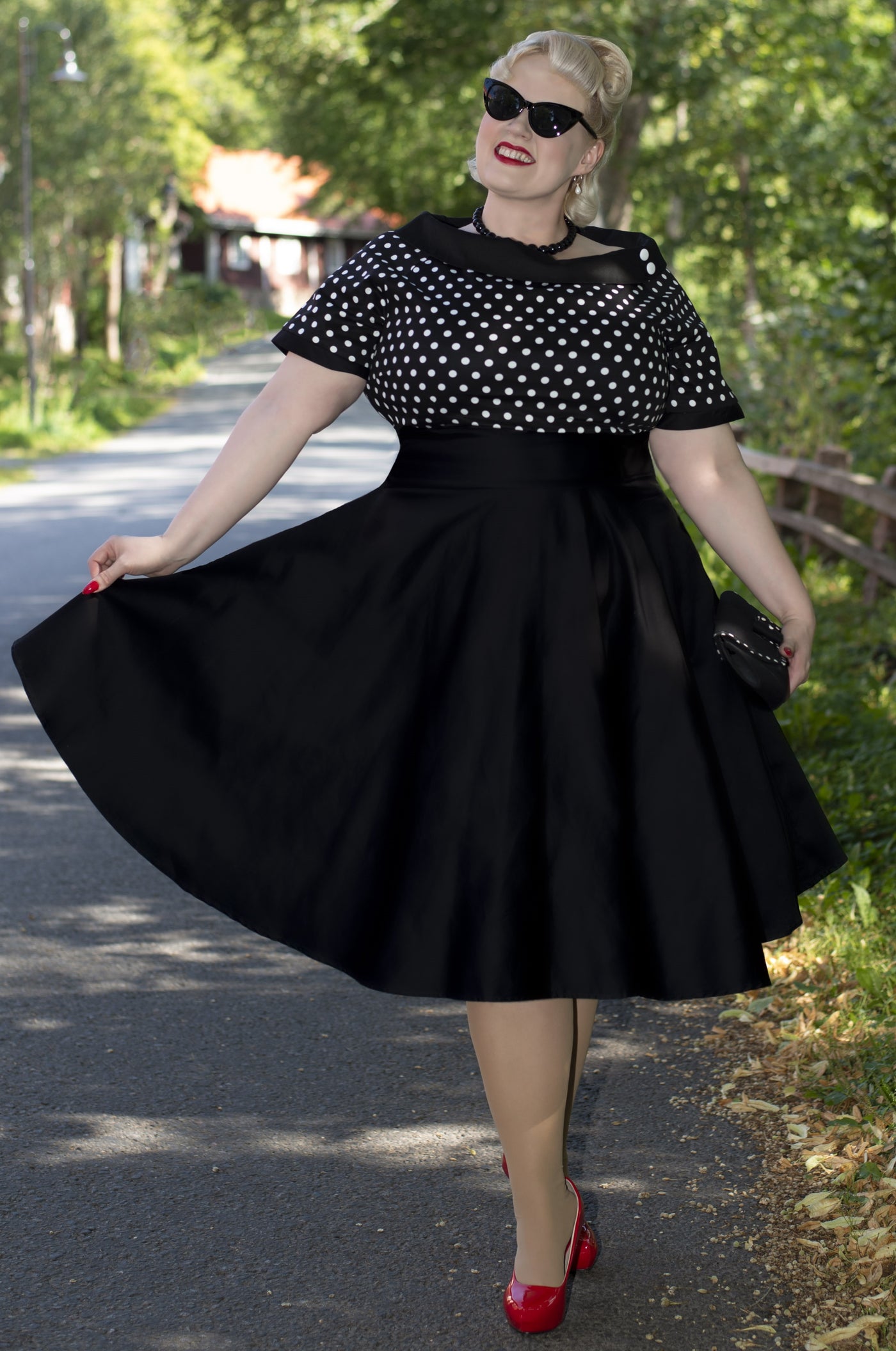 Women's Black and White Polka Dot Swing Dress