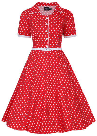 Women's Pin Up Style Shirt Dress In Classic Red & White Polka Dots