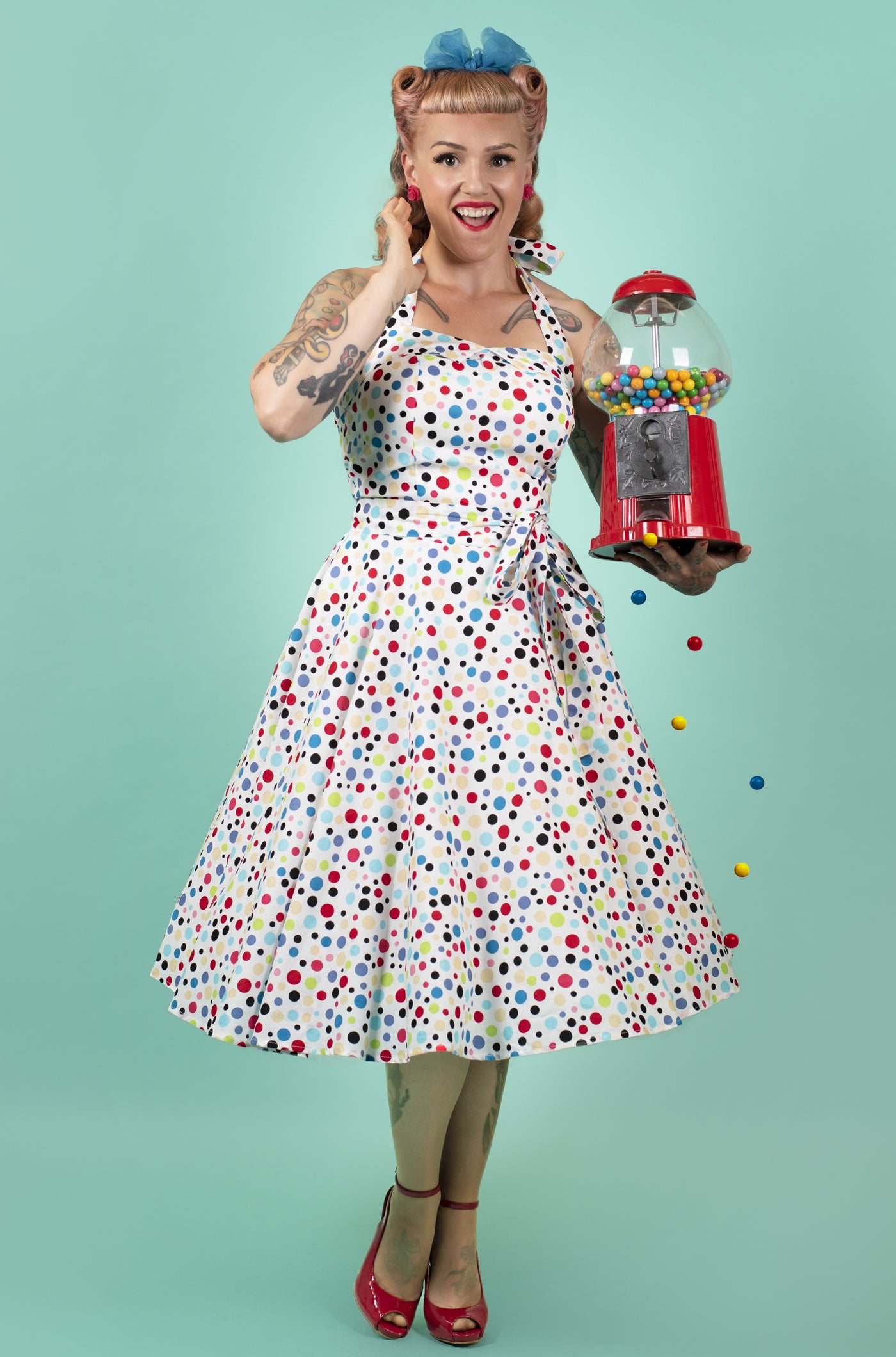 Women's 1950's Halter Dress White and Colorful Polka