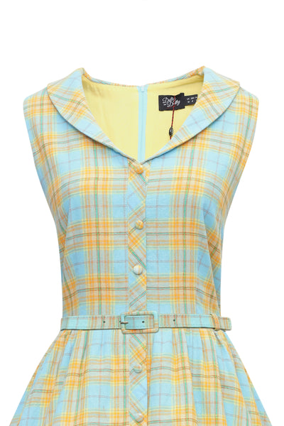 Yellow and blue check plaid button shirt dress close up