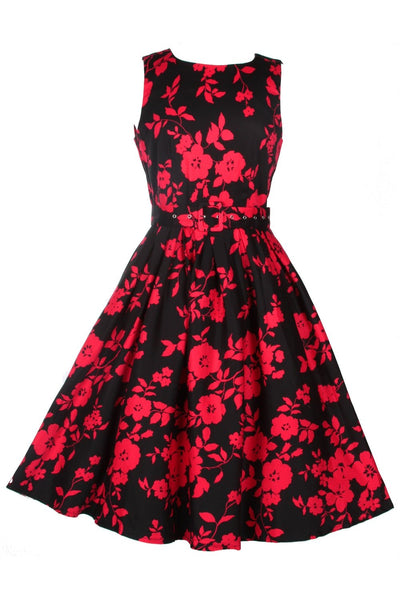Women's Black & Red Floral Swing Dress front view