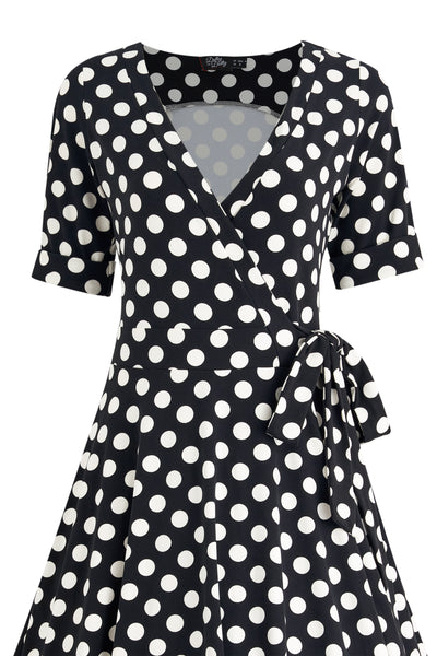 Women's Black & White Polka Knit Wrap Dress Close Up