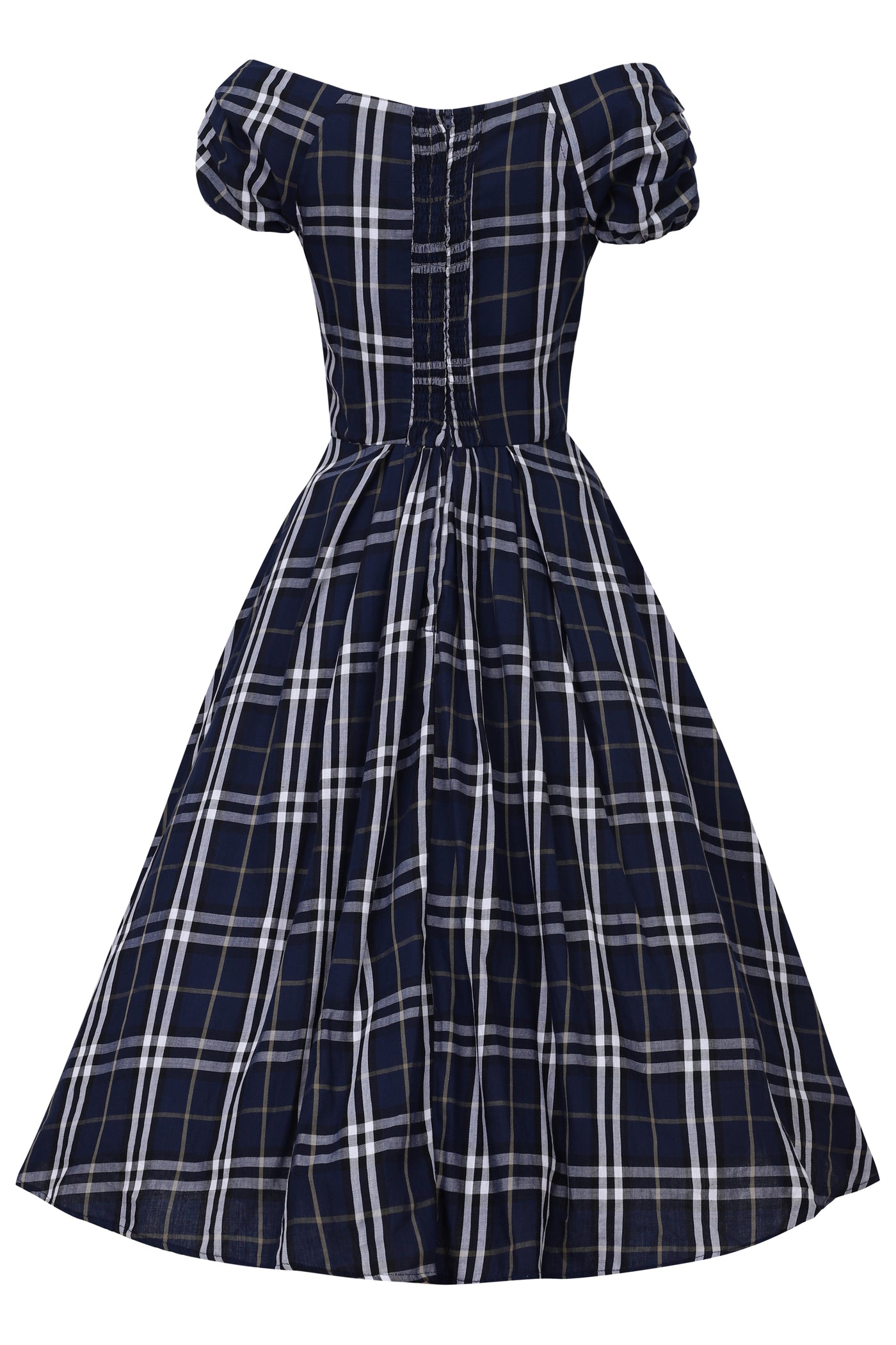 Lily Navy Blue Tartan Plaid Off-Shoulder Swing Dress Lily Navy Blue Tartan Plaid Off-Shoulder Swing Dress