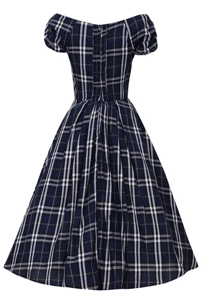 Navy Blue Tartan Plaid Short Sleeve Swing Dress Back