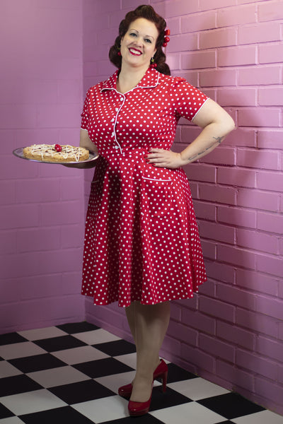 Women's Pin Up Style Shirt Dress In Classic Red & White Polka Dots