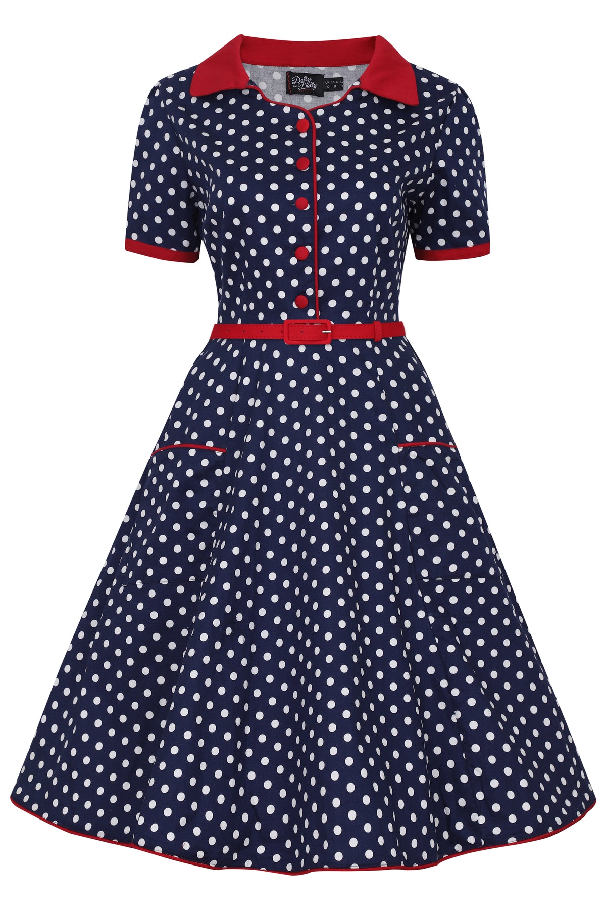 Penelope Navy Blue Polka Dot Rockabilly Shirt Dress